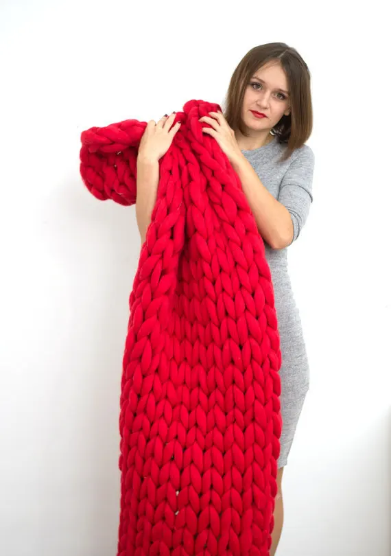 Массивное вязаное одеяло, массивная пряжа, ручная вязка, супер большая пряжа, объемная вязка, рождественский подарок - Цвет: Red
