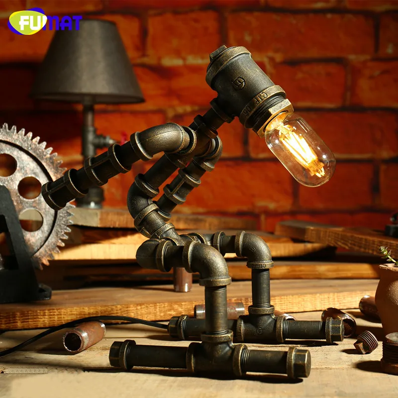 

FUMAT Loft Iron Pipe Table Lamps with Edison Bulb LED Desk Lamp Industrial Vintage Water Pipe Table Lamps Robot Design