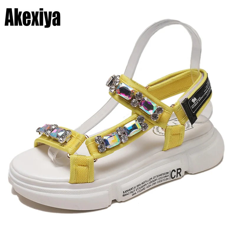 

Yellow Gray Rhinestone Women Sandals Wedge Heels Fashion Student Crystal sandalias mujer 2019 Summer New Arrived f134