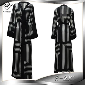 

Wechery Women Plus Size Abaya Loose Open Robes Black & White Stripped Muslim Dress Ladies Islamic Garment