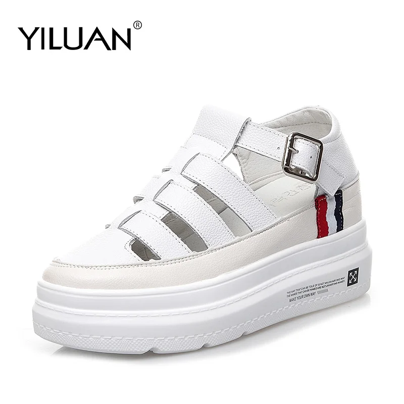 

Yiluan Increased 7cm Summer new hollow large size casual shoes Platform Ladies Leather sandals women's small size shoes woman
