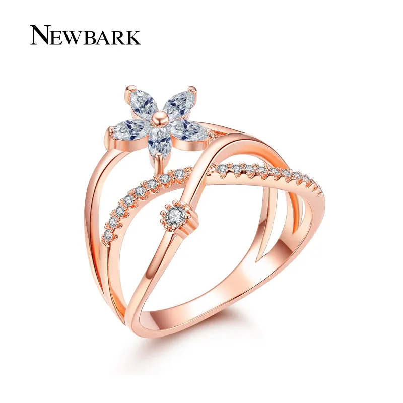 NEWBARK Delicate Flower Finger Ring Rose Gold and Silver Color Paved Tiny Zirconia CZ Jewelry For Valentine's Day Gifts