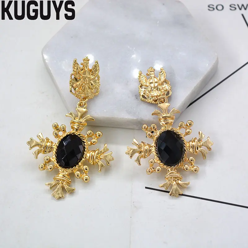 

KUGUYS High Quality Gold Cross Large Drop Earrings for Womens Trendy Jewelry Baroque Black White Crystals Earring Accessories