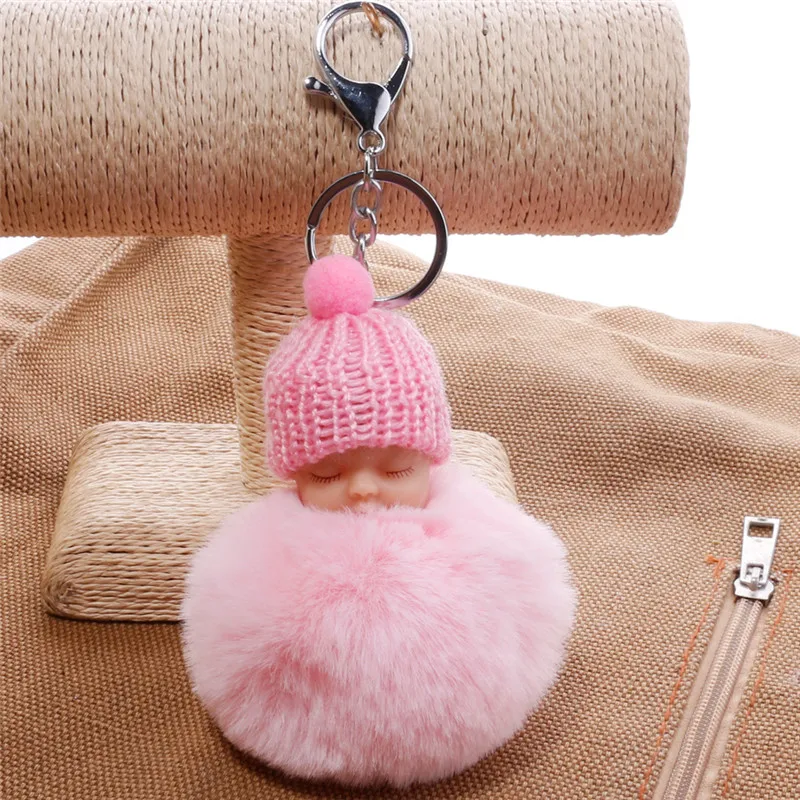 pompom key chain sleeping baby doll rabbit fur ball keychain car keyring women bag pendant charm juany | Украшения и аксессуары