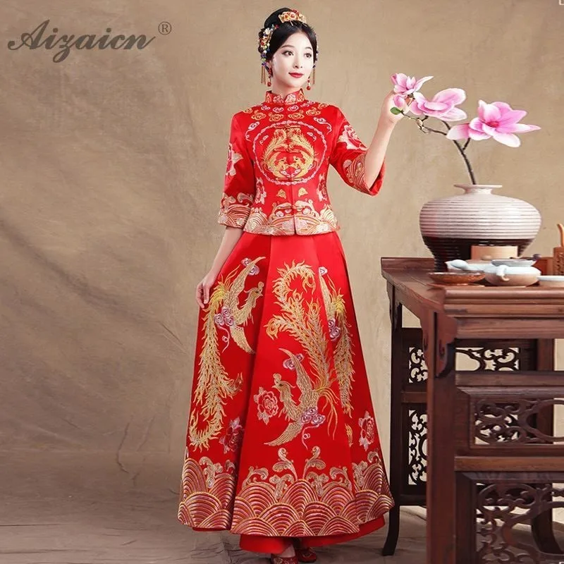 

Modern Bride Marry Vintage Gown Qi Pao Women Traditional Chinese Wedding Dress Cheongsam Red Price Long Qipao Orientale Femme