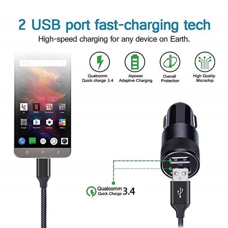 Автомобильное зарядное устройство адаптер металлический двойной 1 м usb type-C зарядный кабель для huawei mate 20X Xiaomi Mi 8 lite Pocophone F1 samsung A8 A9