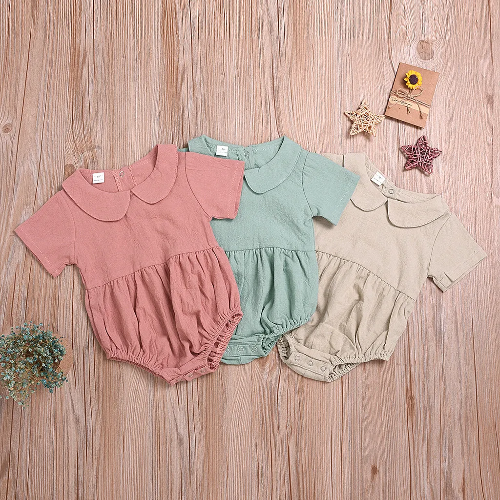 

Baby girl romper summer 2019 Toddler Girl Cute Short sleeve Peter Pan Collar Linen Romper Jumpsuit Newborn Baby Clothes Onesie