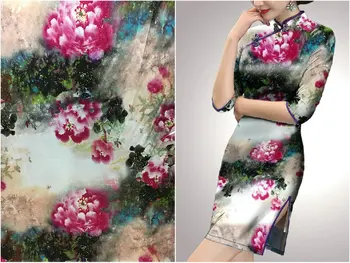 

High end 19mm 140cm wide 97% mulberry silk & 3% spandex peony print stretch silk satin fabric for dress shirt clothes