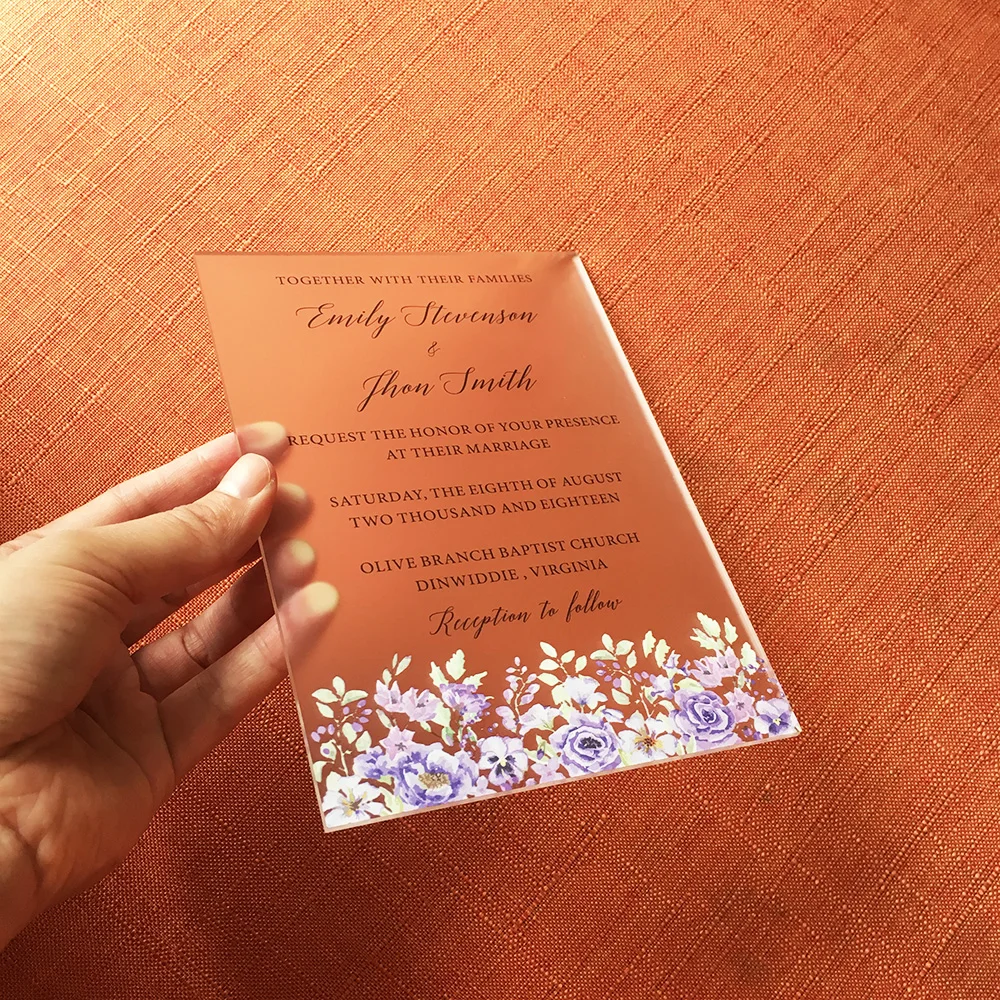  50 Pieces Per Lot Purple Floral Watercolor Style 5x7inch Frosted Acrylic Wedding Invitation Card - 32871231929