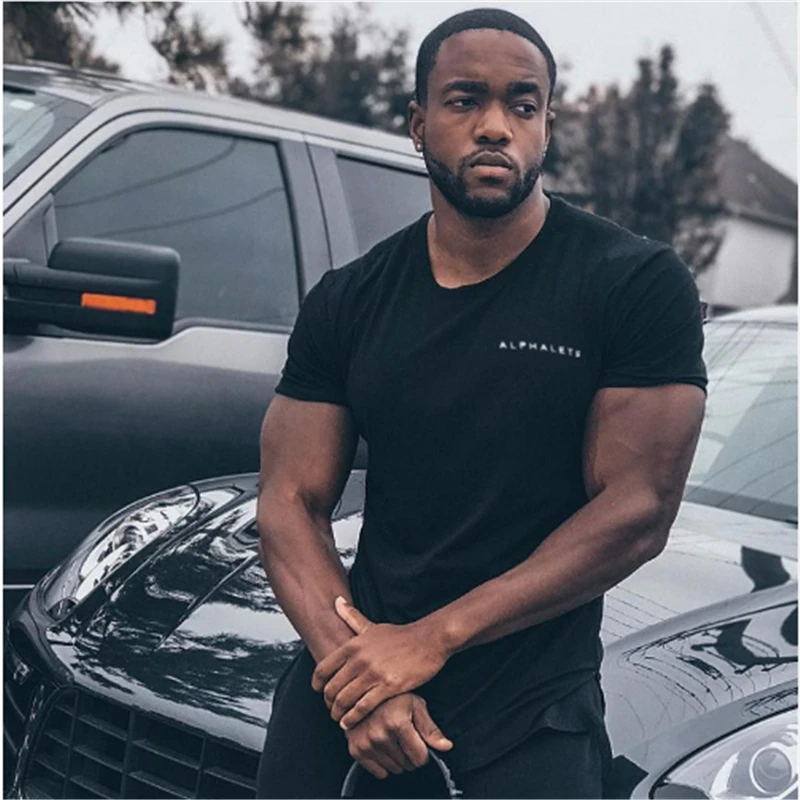 

Alphalete 2019 new bodybuilding brand men's T-shirt gym casual short-sleeved fitness letter printing cotton T-shirt men's T-shir