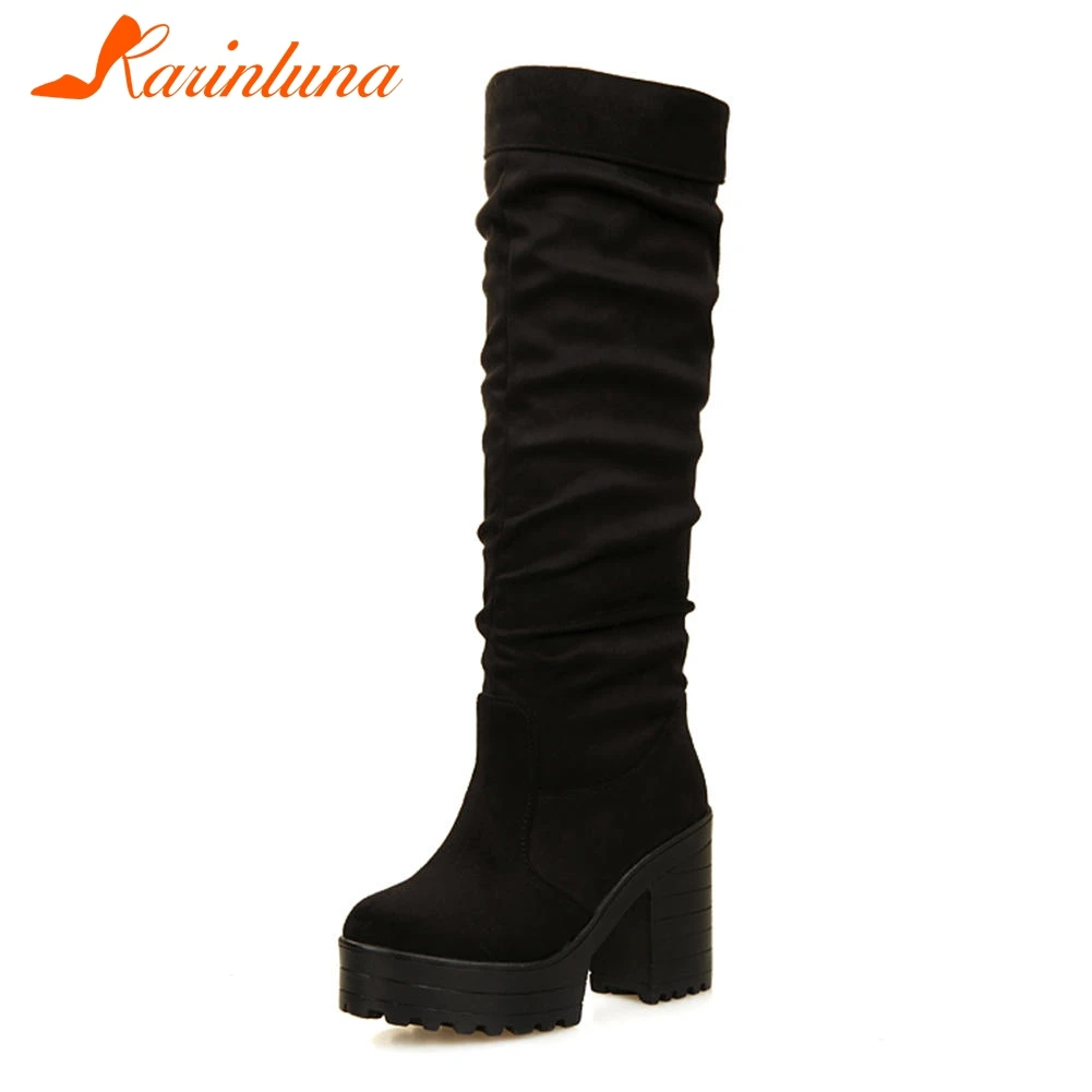 

KARINLUNA Brand New Flock Solid Square High Heels Platform Shoes Woman Casual Top Quality Winter Boots Big Size 32-43