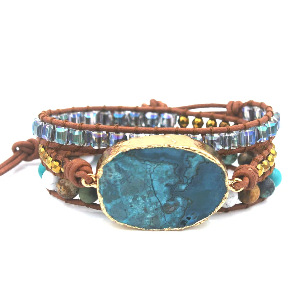 

Boho jewelry Women Bracelet Mixed Natural Stones Gilded Stone 3 Strands Wrap Bracelets Handmade Leather Bracelet Dropship