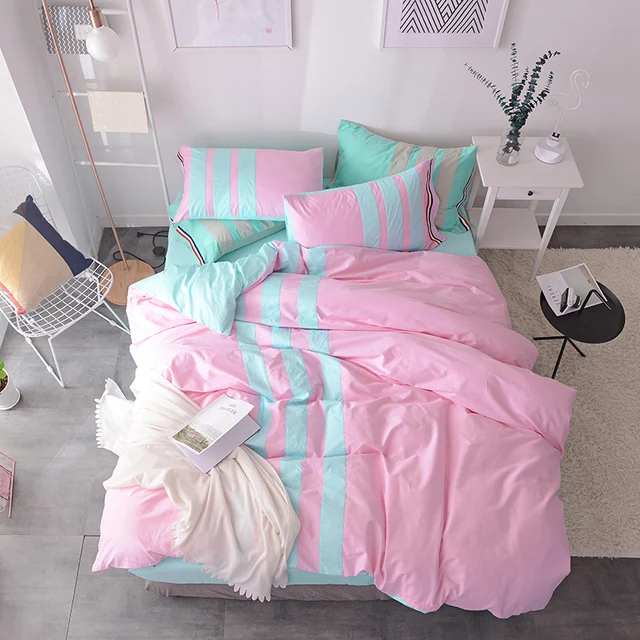 sport style cotton 4pcs beding sets stitching pink blue color twin sport bed sheets