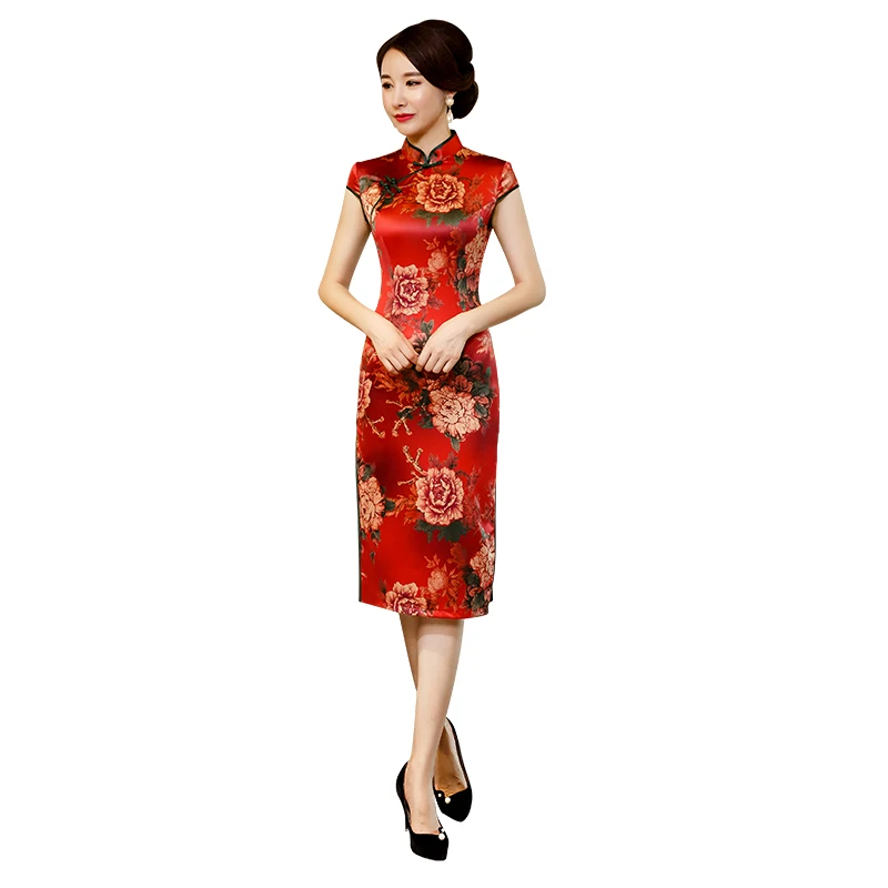 Шанхай история 2019 короткий рукав Винтаж Цветочный Qipao искусственная шелковое платье-Чонсам женские по колено китайское традиционное