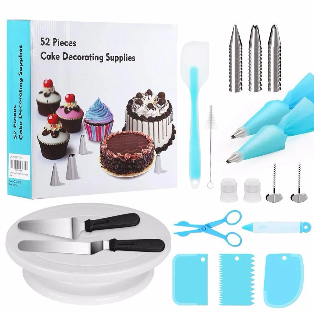 

52-Piece Cake Decorating Kit With Turntable Stands Icing Tips Reusable Pastry Bags Icing Smoother Spatula Baking Accessories