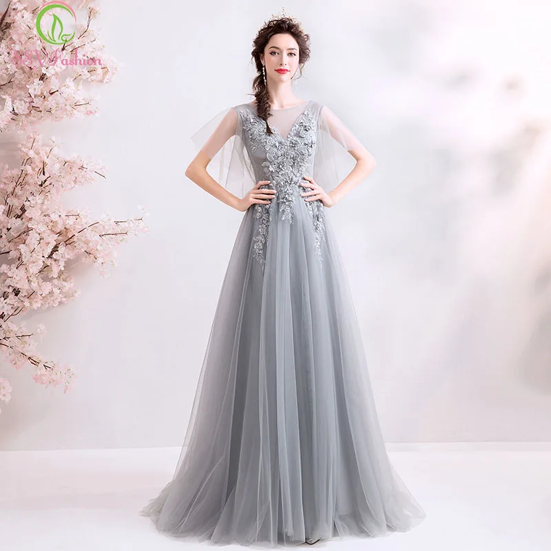

SSYFashion New Elegant Grey Long Evening Dress Lace Flower Appliques Beading Floor-length Formal Dress Prom Gowns Robe De Soiree