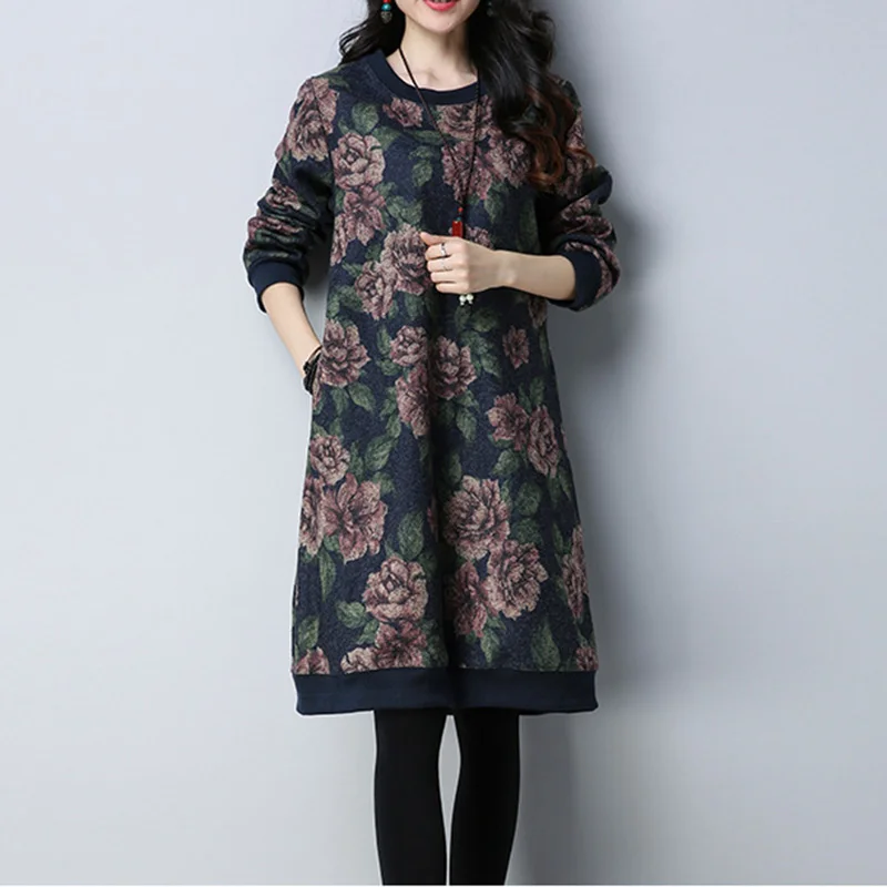 Plus velvet print long-sleeved dress