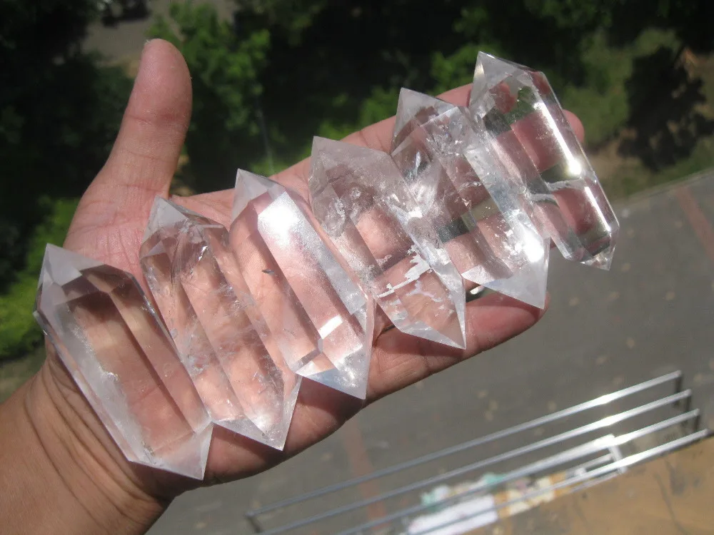 

huij 00617 NATURAL CLEAR QUARTZ CRYSTAL DOUBLE POINT HEALING 6PC Bronze Statue