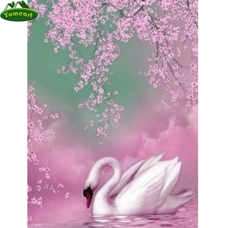 YUMEART Square Diamond Embroidery&quotpink Flower Tree and Swan&quot5D DIY Painting Cross Stitch Mosaic Arts Picture | Дом и сад