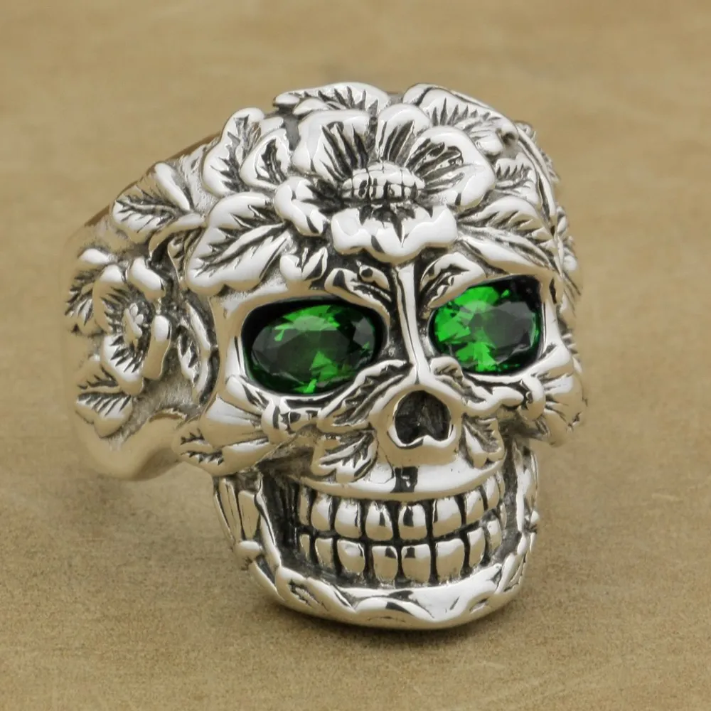 

925 Sterling Silver Flower Skull Ring Green CZ Eyes Mens Biker punk 9W305A US 8~15
