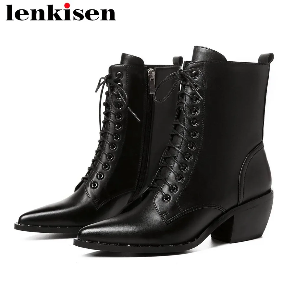 

Lenkisen 2018 movie stars black color oxford pointed toe zipper genuine leather rivets high chunky heels rock western boots L7f1