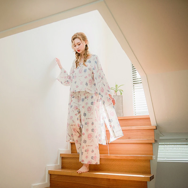 Новинка! Демисезонный Для женщин пижамный комплект 3 предмета ежедневного домашнего Стиль Sleep Set, с цветочным принтом Дизайн, M3