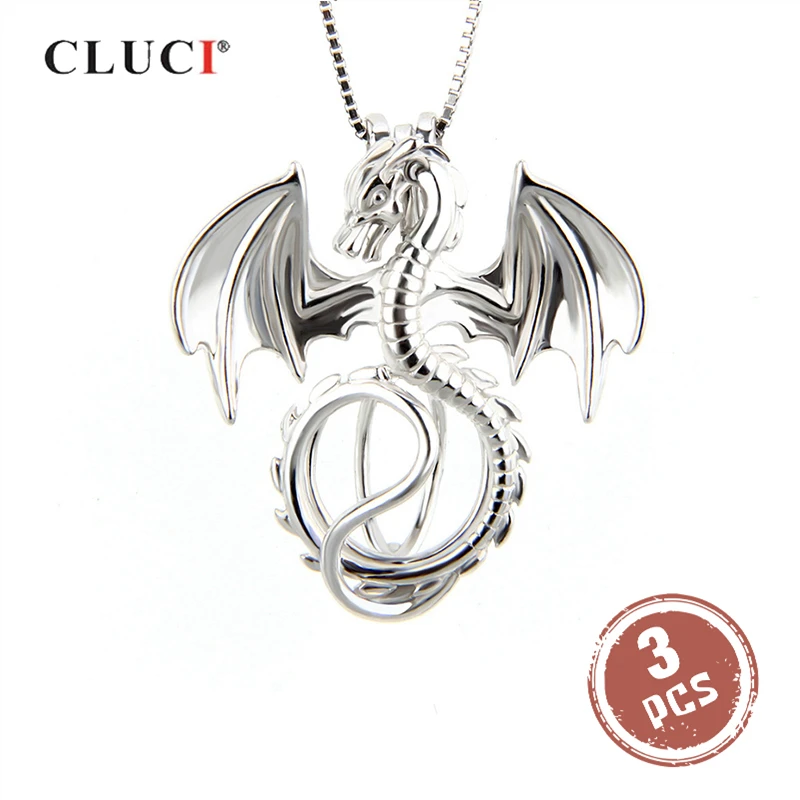 CLUCI, 3 шт, серебро 925, в форме дракона, жемчужный медальон, счастливый амулет, подвеска, ожерелье для женщин, 925 пробы, серебряная клетка, подвеска