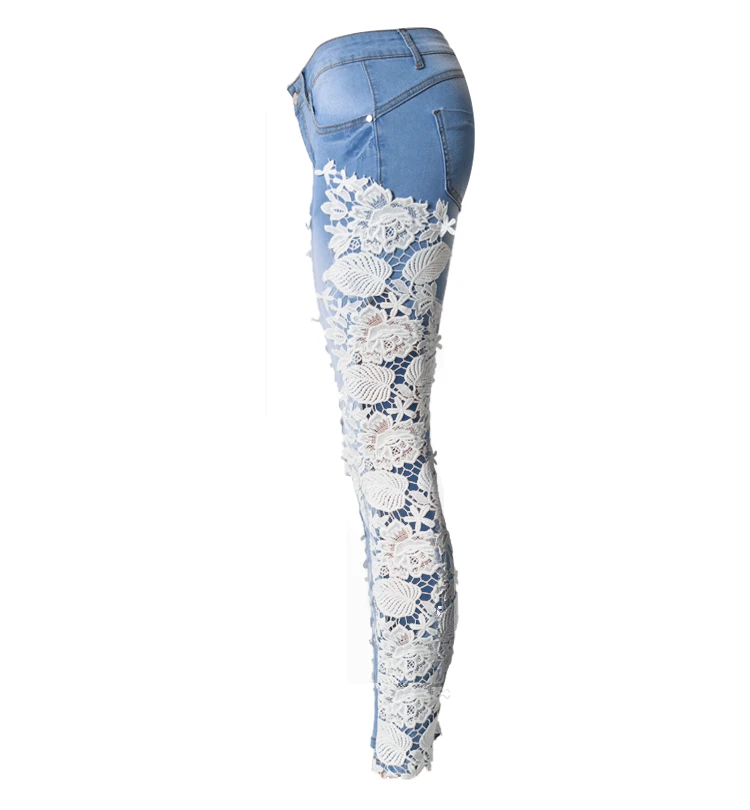 Для женщин модные джинсы джинсовые узкие выдалбливают Кружево шить середины талии Колготки для новорождённых небесно-синие штаны эластичный полной длины пикантные Джинсы для женщин