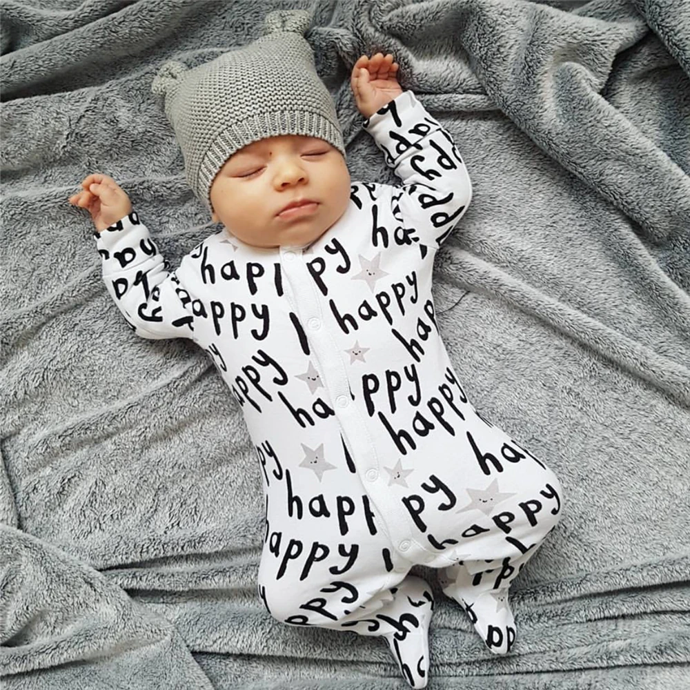 Осенняя одежда для младенцев; комплект одежды для новорожденных мальчиков и девочек; комбинезон из хлопка с длинными рукавами и надписью «Happy»; одежда для малышей