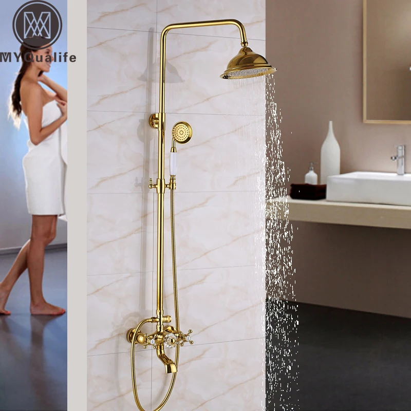 

Golden Bath Shower Mixer Faucet Set Dual Handle 8" Rainfall Shower Head Swivel Watering Spout Shower Taps