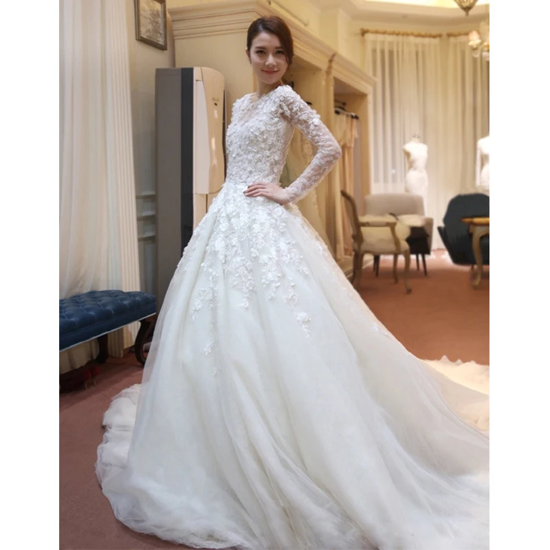 

long sleeve Wedding Dress Appliques Lace 2015 new hot sexy see through back button flowers beading Bride Gowns vestido de noiva