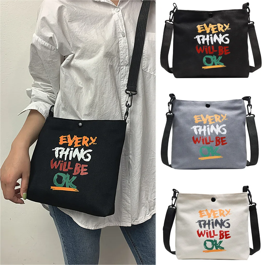 

Alphabet Canvas Women Handbags Simple Wild Zipper Bag "Will Be Ok" Wide Shoulder Strap Ladies One Shoulder Messenger Bags
