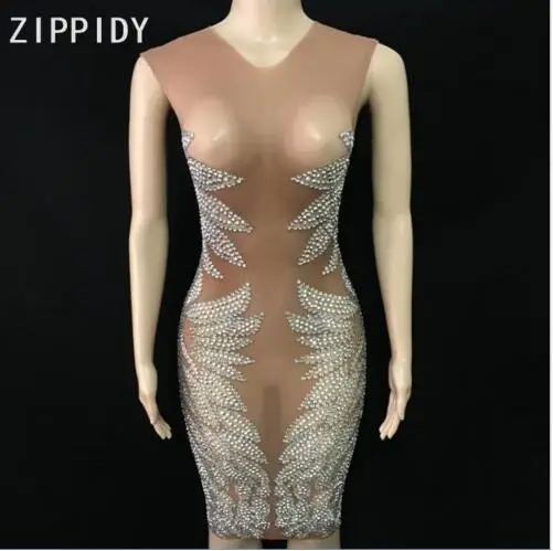 

Birthday Celebrate Dress Sparkly Silver Stones Mesh Dress Sexy Rhinestones See Through Clothes Nightclub Singer Dress Women's