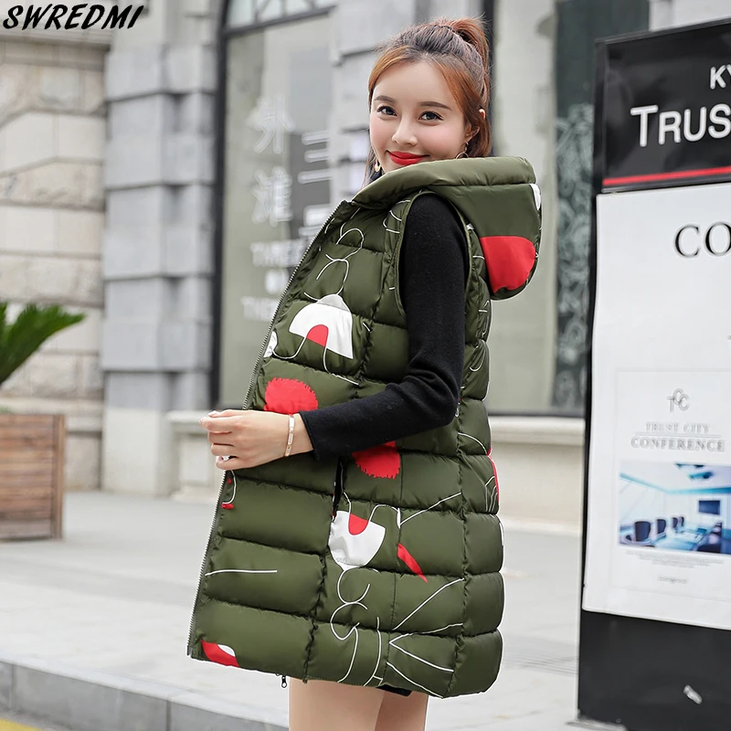 

SWREDMI Plus Size S-3XL Long Waistcoat Women 2019 New Autumn And Winter Vest Mujer Army Green Thick Warm Vest Hooded Tops