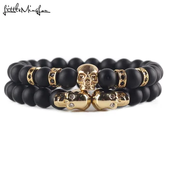 

2pcs/set Natural Stone Lava beads luxury Punk CZ Skeleton Skull Charms handmade Men Bracelet For Men Bracelets & Bangles Jewelry