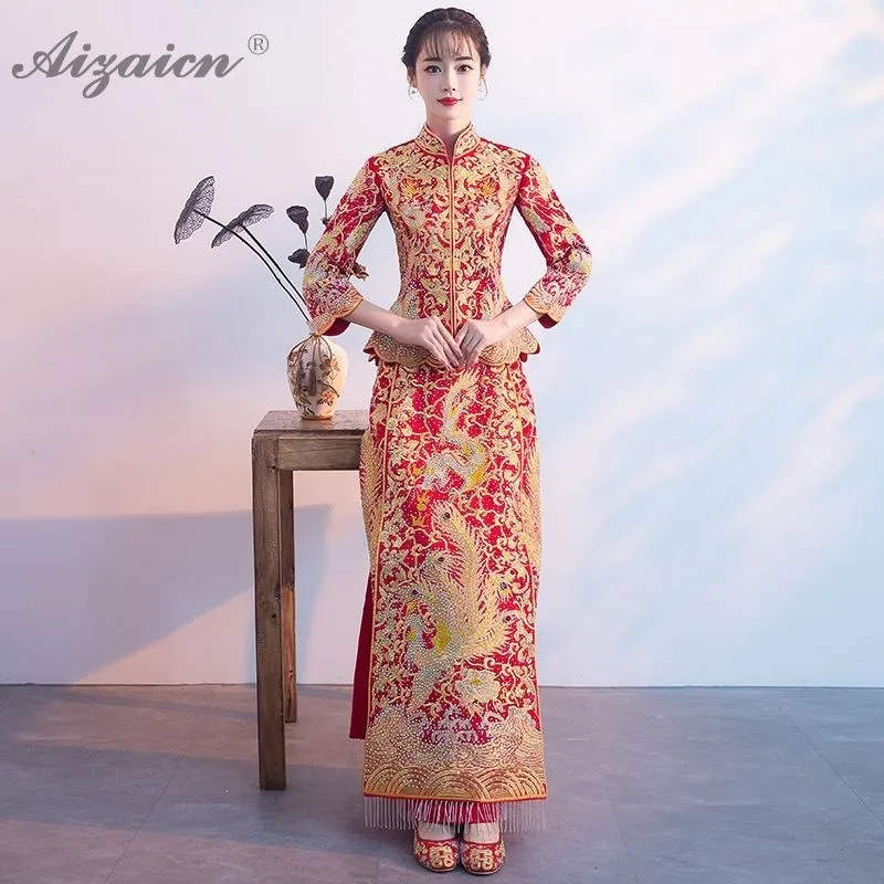 

Modern Red Dragon Phoenix Cheongsam Long Dresses Chinese Traditional Wedding Dress Qipao Oriental Style Pregnant Gown Qi Pao