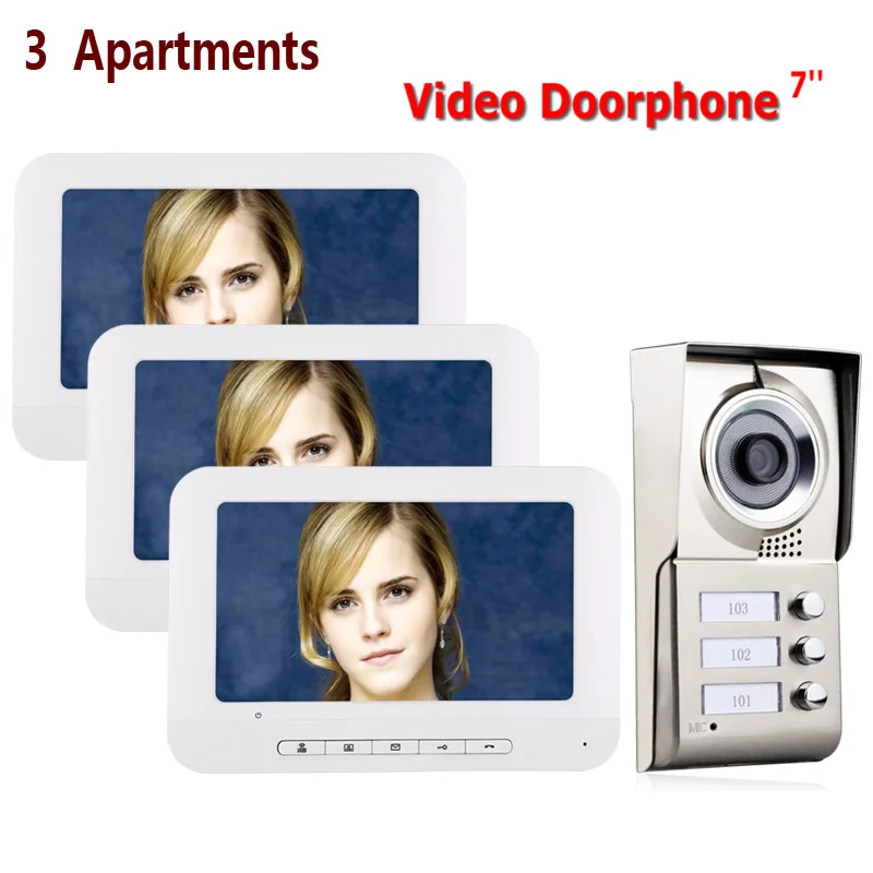 7inch LCD 3 Apartments Video Door Phone Intercom System IR-CUT HD 1000TVL Camera Doorbell Camera with 3 button Waterproof