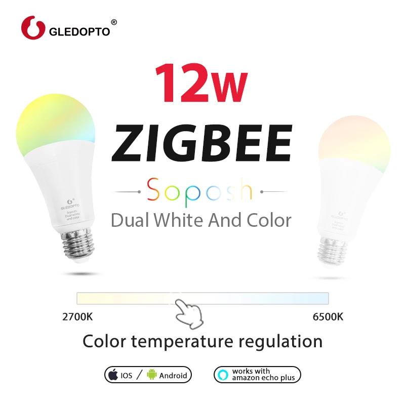 G светодиодный OPTO двойной белый и цветной 12 Вт светодиодный лампочка ZigBee RGB свет ww/cw AC100-240V ZIBEE ZLL звено, светлый работа с amazon ecoh E27/E26