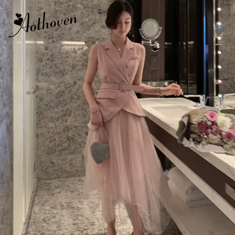 

2 Piece Set Women Suit 2019 Belt Sleeveless Pink Vest Suit Shirt Tops and Mesh Skirts Crop Top and Skirt Two Piece Set Vestidos