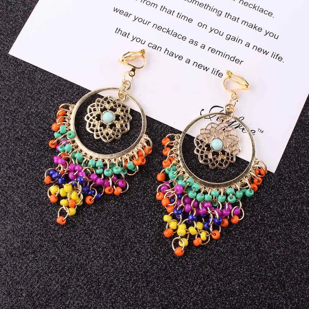Vintage Multicolor Resin Colorful Beads Tassel Clip on Earrings For Women Boho Fashion Accessories Big No Pierced Earrings 1