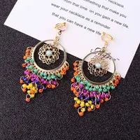Vintage Multicolor Resin Colorful Beads Tassel Clip on Earrings For Women Boho Fashion Accessories Big No Pierced Earrings 1