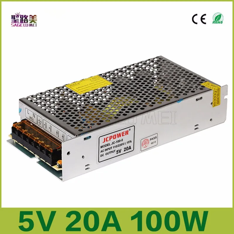 DC5V 20A переключение Питание 100W выход 110/240 В переменного тока светодиодный полоски Пиксели CCTV PSU, трансформаторы для ws2812b полосы