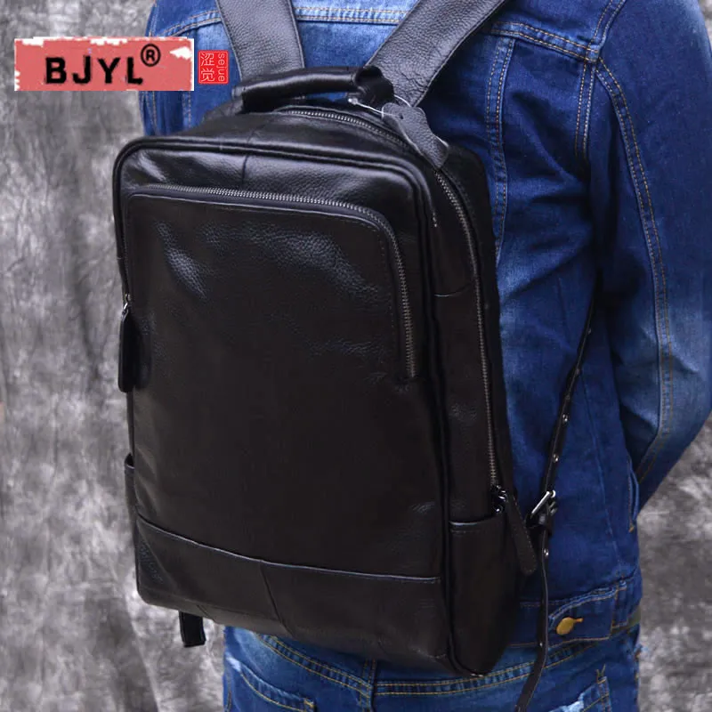 

BJYL Genuine Men Leather Backpack Men Travel Bags Daypacks Black Computer Backpacks For men back pack Teenager Laptop Backpacks