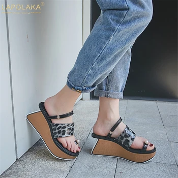 

Lapolaka Luxury Leopard women's's Genuine Leather Ladies Wedges High Heels Platform Shoes Woman Casual Summer Slippers Mules