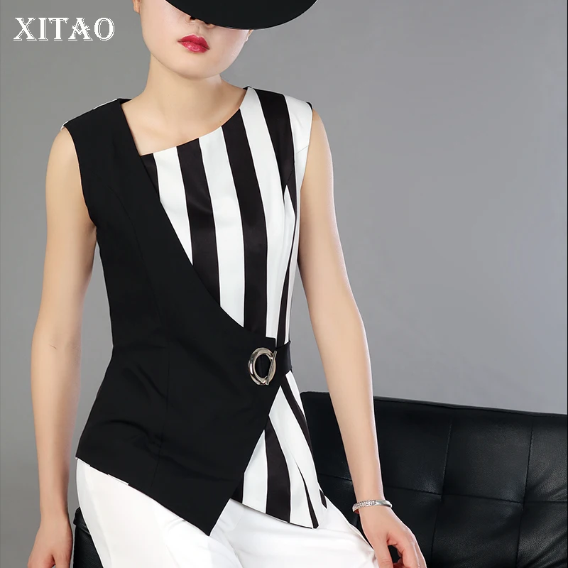 

[XITAO] New 2018 Summer Europe Women Striped Patchwork Contrast Color Sleeveless Tops Female Irregular Collar Blouses KZH2019