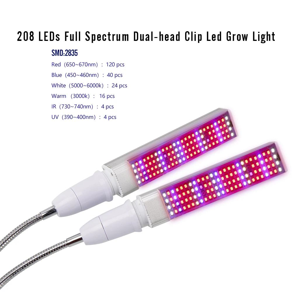  60W Full Spectrum LED Grow Light with Holder Switch Plant Phytolamp Dual Head Growing Lamp for Indo - 32988663495