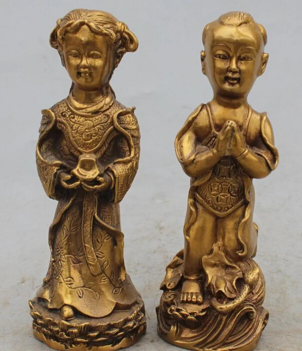 

6" Chinese Bronze Lucky Fengshui Tong Boy And Girl congratulate Pair Sculpture R0707