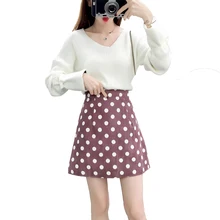 Autumn suits v-neck pullovers sweater & polka dot print skirt 2 pcs clothing set women outfit top design quality girl clothes v neck overlay dot print design playsuit in white