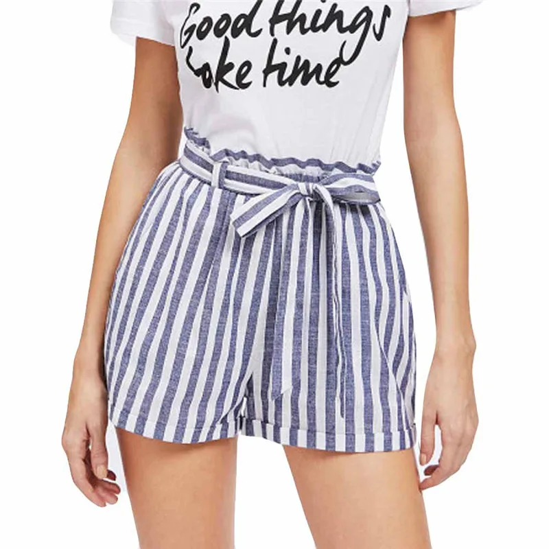 

Women Stripe Print Elastic Shorts Polyester High Waist Straight Women' s Summer Stripe shorts #52320