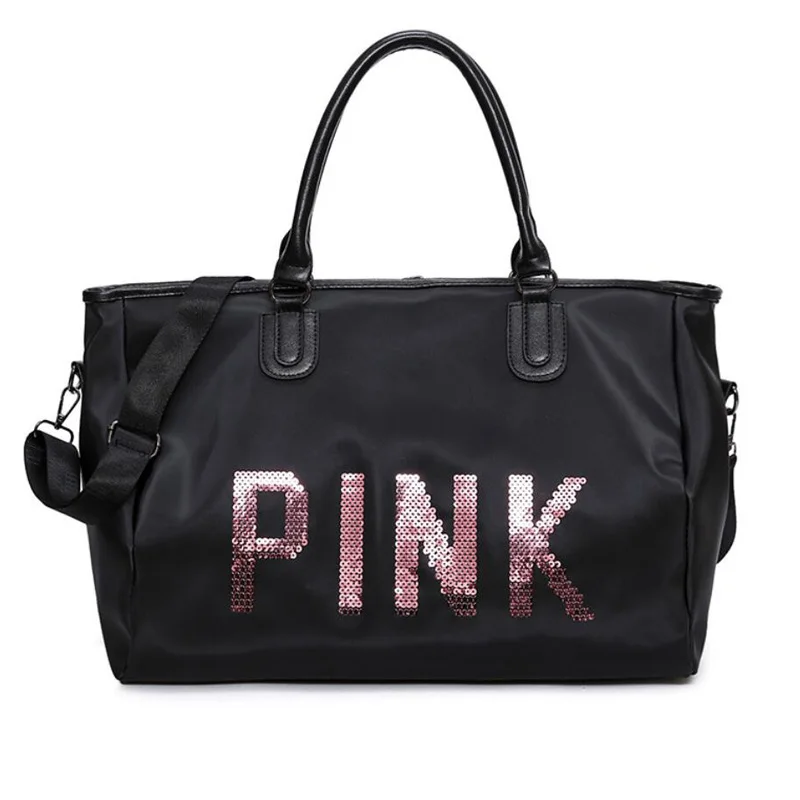 Розовые сумки большой емкости, дорожные сумки через плечо, водонепроницаемая пляжная сумка на плечо, сумки с блестками, розовые буквы, сумки для багажа
